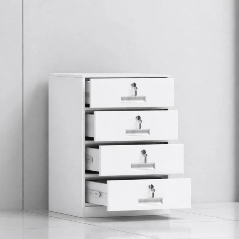 FULLY ASSEMBLED 4 Drawer White Steel Filing Cabinet with Lockable Door and Key
