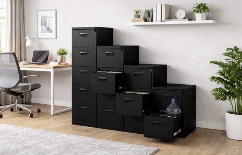 Black 4 Drawer Filing Cabinet Lockable A4 Legal Office Home Storage Unit