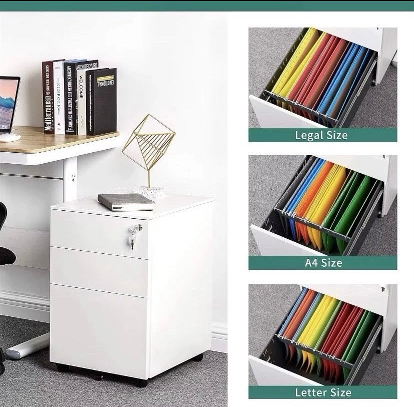 3 Drawer Mobile Filing Cabinet Lockable Steel Under Desk Storage White UK