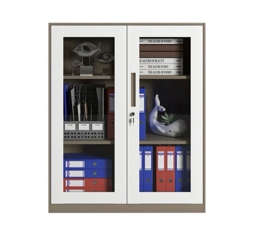 Lockable two-door steel office cabinet front view with open doors and storage shelves