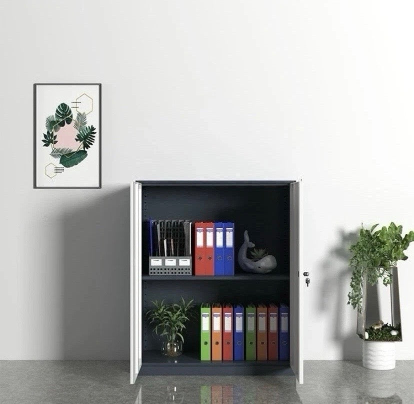 Lockable White/ Grey Storage Cabinet 2 Door Office Filing Cupboard with Shelf