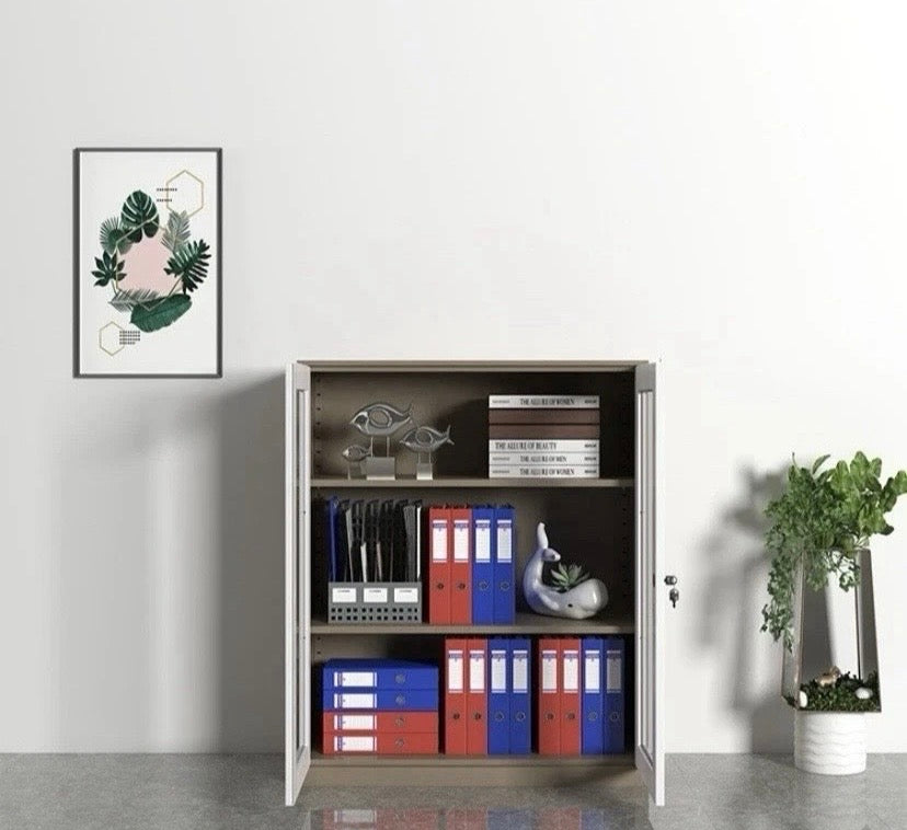 Lockable two-door steel office cabinet open, shelves with labeled files and folders