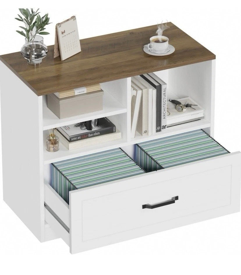 White office desk with wood top, open shelves and two green striped file drawers