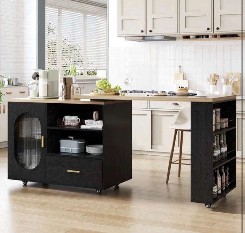 Kitchen Island Table with Storage Shelves Drawers Breakfast Bar Unit Oak Black