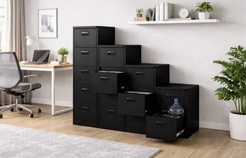 Black Home Office 3 Drawer Steel Filing Cabinet with Lockable Storage and Key