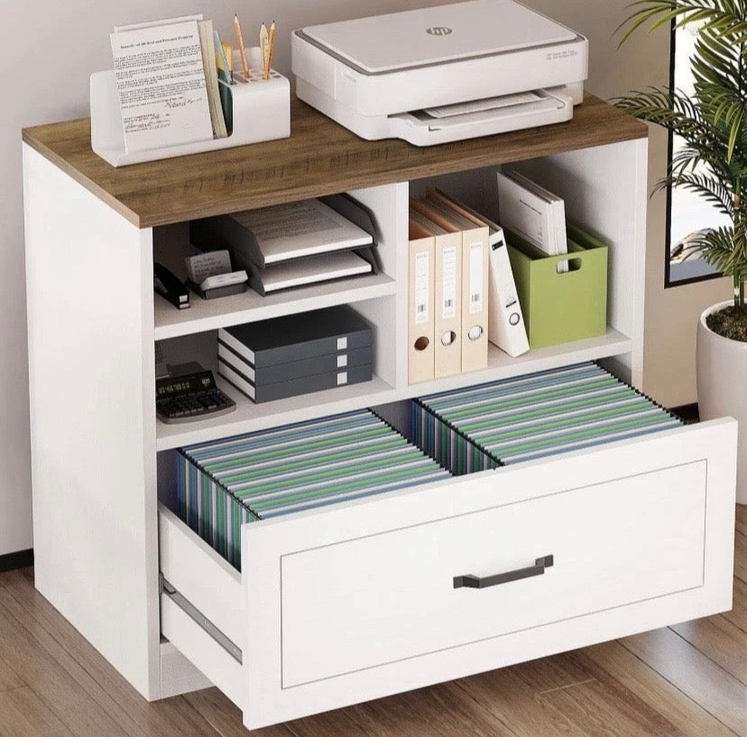 White computer storage desk with wood top, open shelves and front file drawer