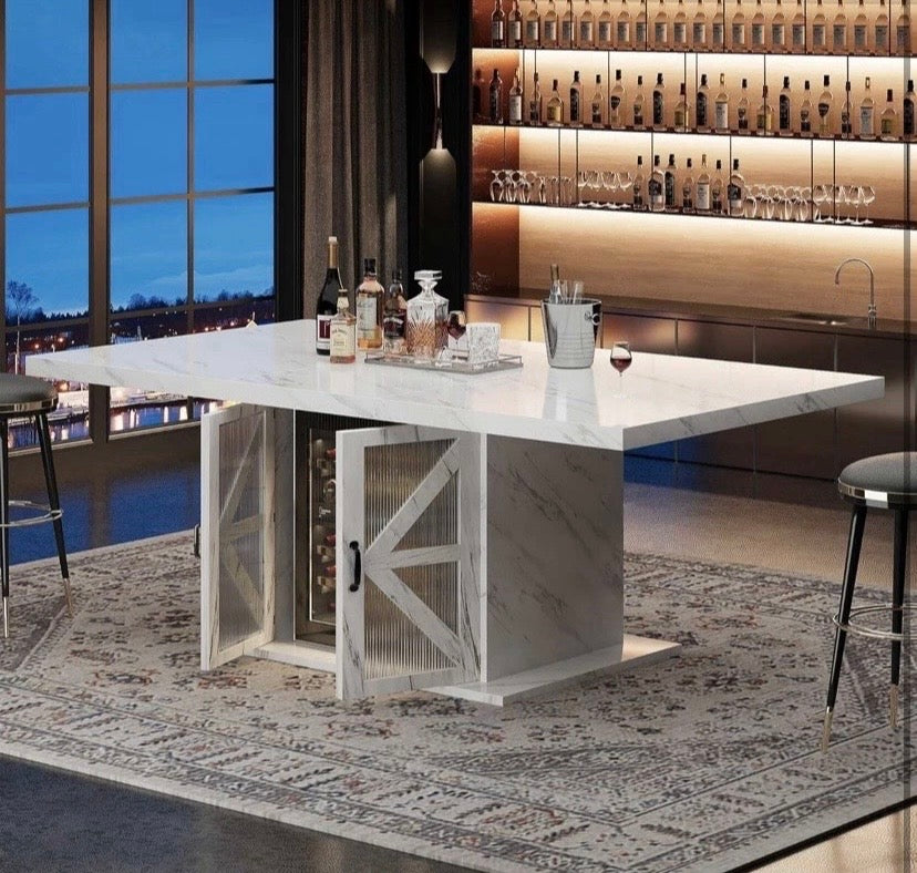 White Marble Effect Dining Table with Storage Cabinet Base 6 Seater