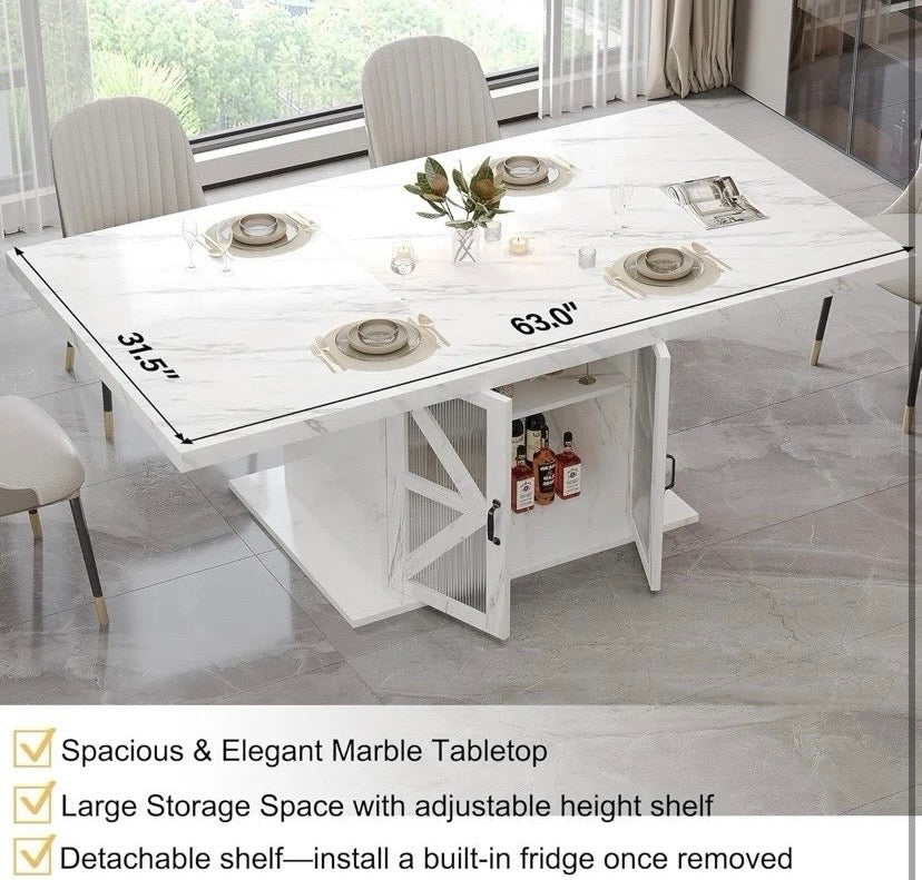 White Marble Effect Dining Table with Storage Cabinet Base 6 Seater