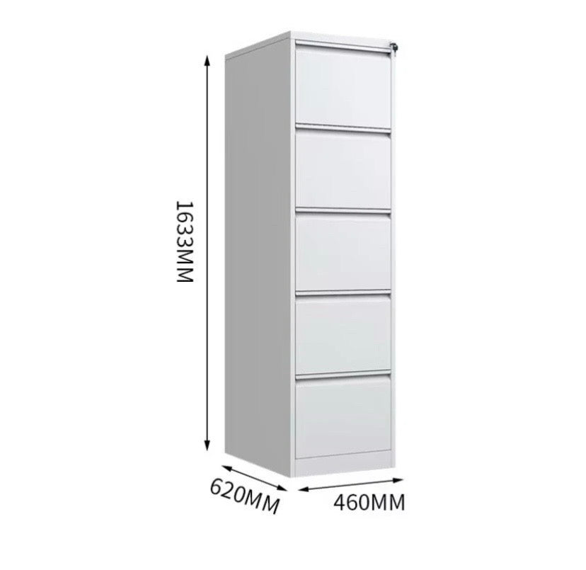 Light grey metal filing cabinet 5 drawers shown from angled side