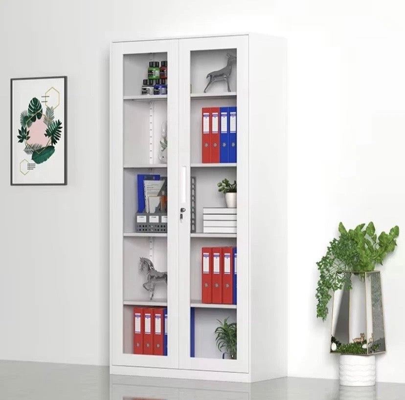 White Steel Office Cabinet Lockable 2 Door Glass Filing Storage Cupboard Unit
