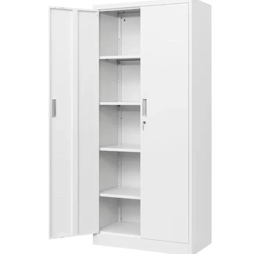 White Metal Storage Cabinet Lockable 2 Door Office Filing Cupboard Shelves
