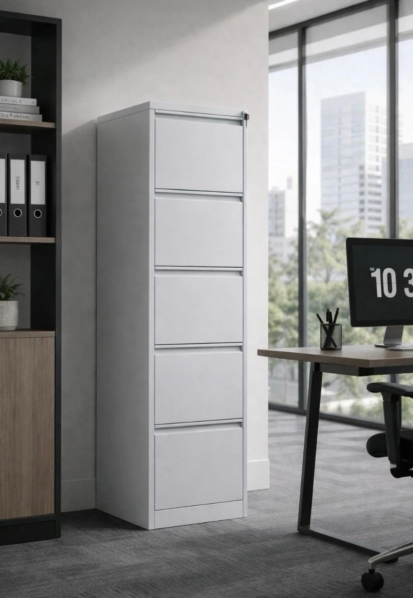 5-drawer metal filing cabinet, lockable, light grey with 4 upper drawers visible