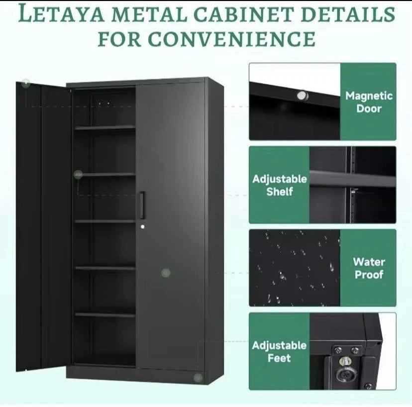 Heavy Duty Garage Storage Cabinet Black Metal Tool Cupboard Shelves Unit