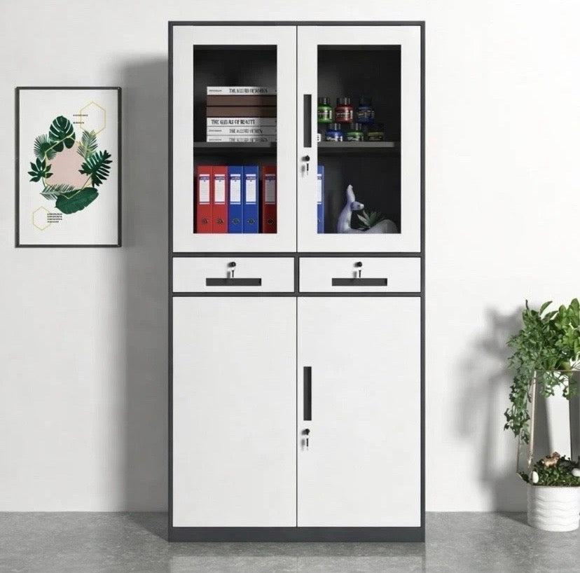Tall Metal Office Cabinet 2 Door Lockable Storage Cupboard with Shelves Glass