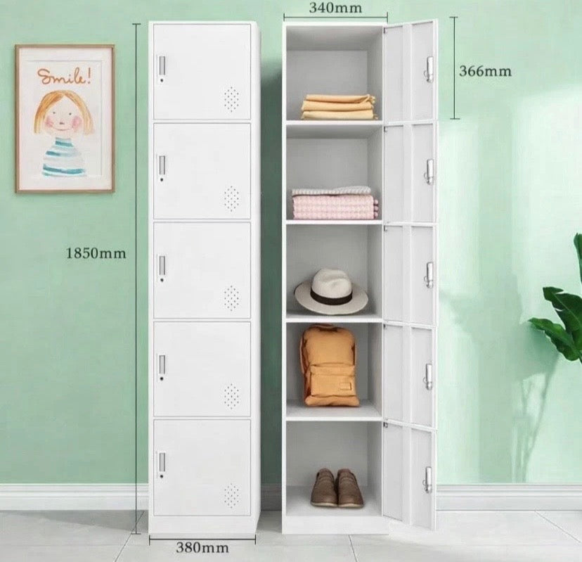 5 Door Steel Locker White Metal Storage Cabinet Staff Gym Office Lockable Keys