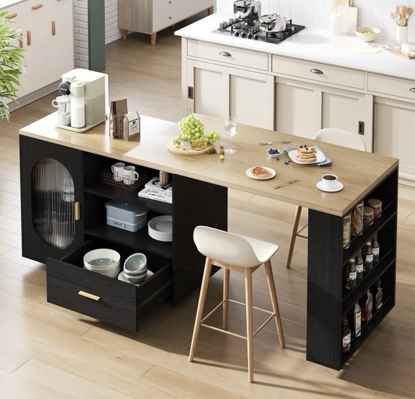 Kitchen Island Table with Storage Shelves Drawers Breakfast Bar Unit Oak Black