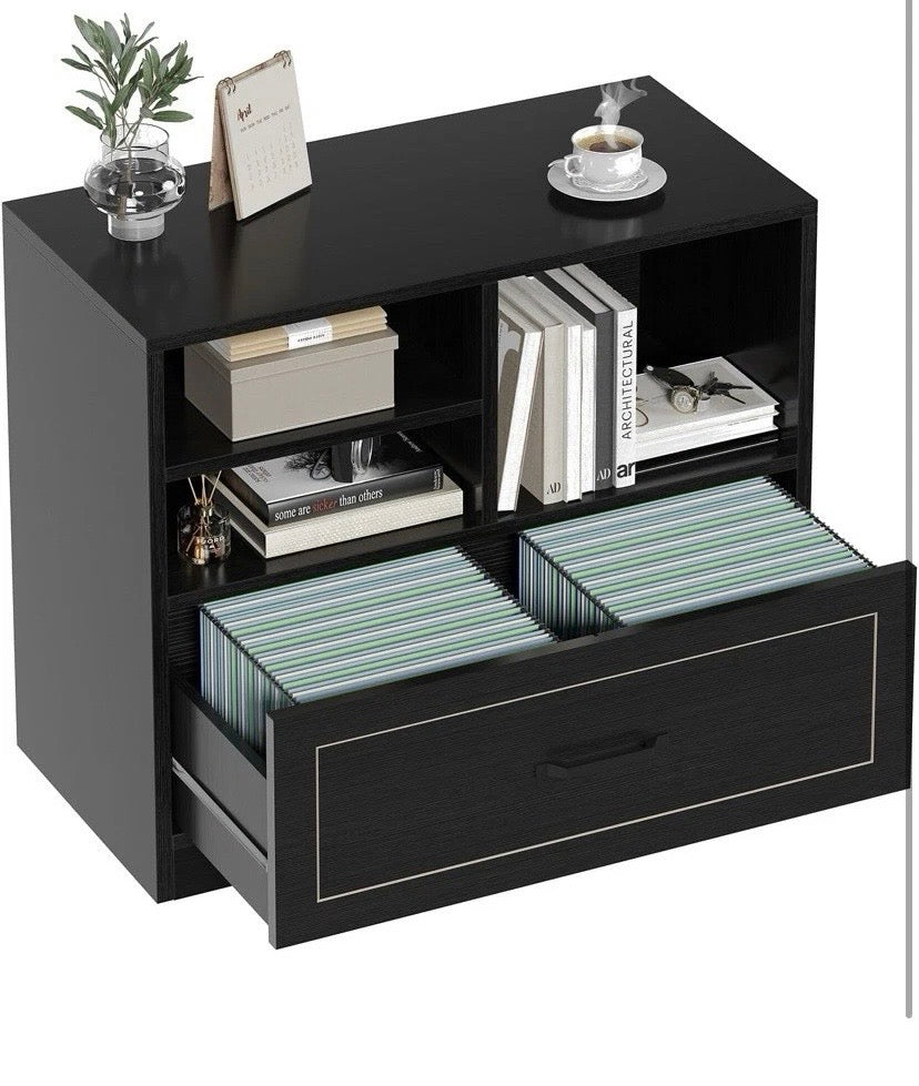 Black Wood Filing Cabinet Printer Stand Hanging File Storage A4 Legal 83cm