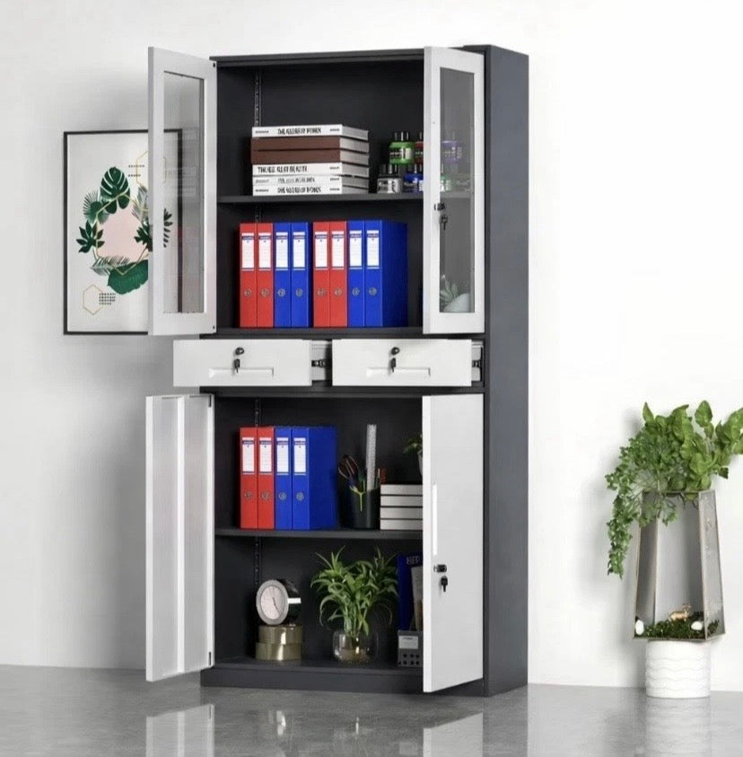 Tall Metal Office Cabinet 2 Door Lockable Storage Cupboard with Shelves Glass
