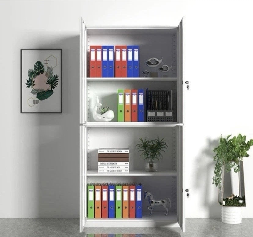 White Metal Storage Cabinet 4 Door Lockable Office Filing Cupboard Unit With Key