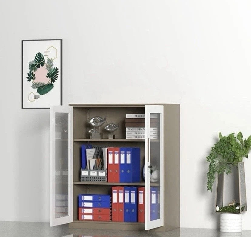 Lockable two-door steel office cabinet with open doors showing shelves and binders