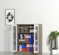 Lockable two-door steel office cabinet with open doors showing shelves and binders