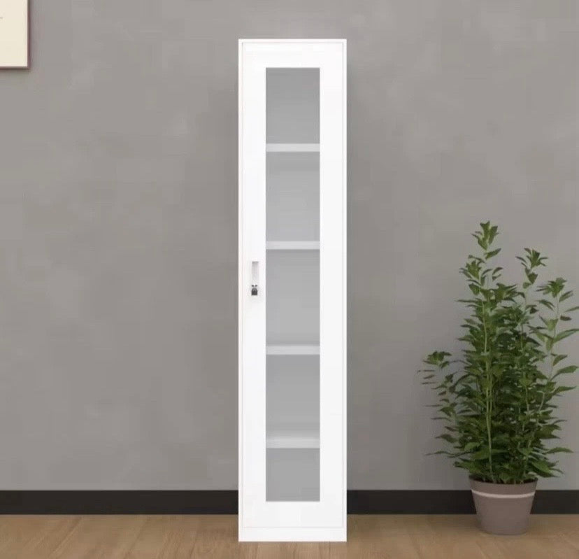 Tall White Filing Cabinet Glass Door Office Storage Cupboard Lockable