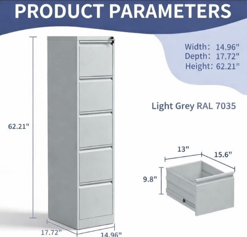Light grey 5-drawer filing cabinet with lockable cabinet door and drawer handle