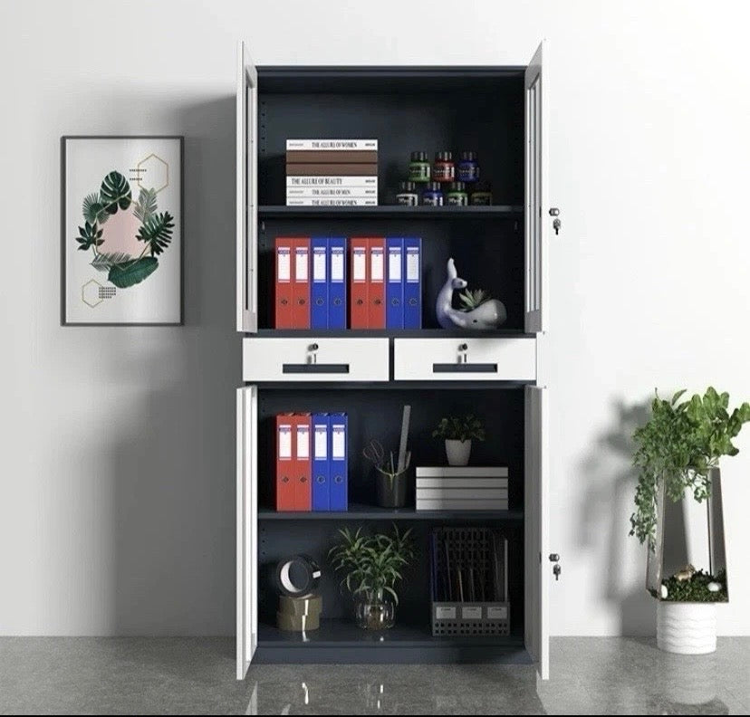 Tall Metal Office Cabinet 2 Door Lockable Storage Cupboard with Shelves Glass