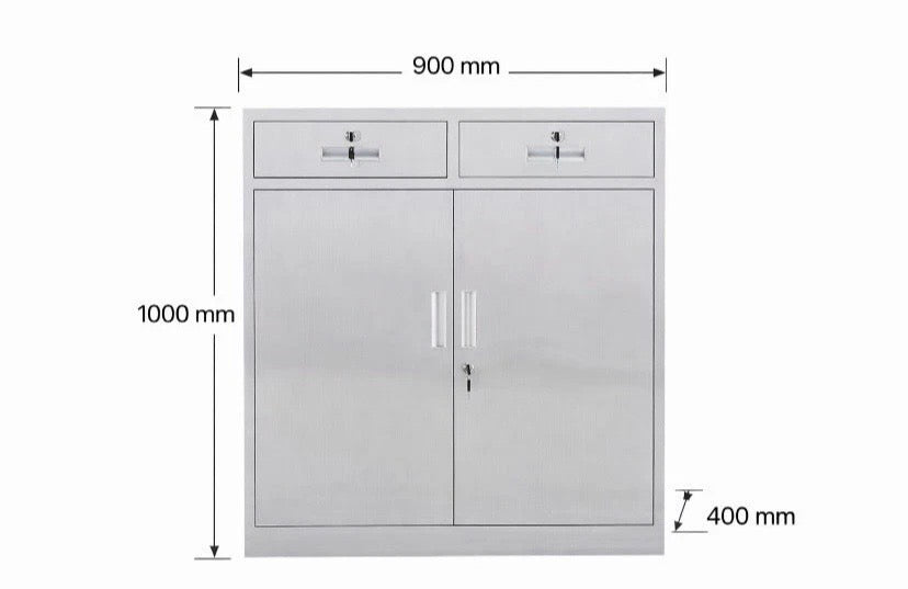 Stainless Steel Office Storage Cabinet Lockable 2 Door 2 Drawer FULLY ASSEMBLED