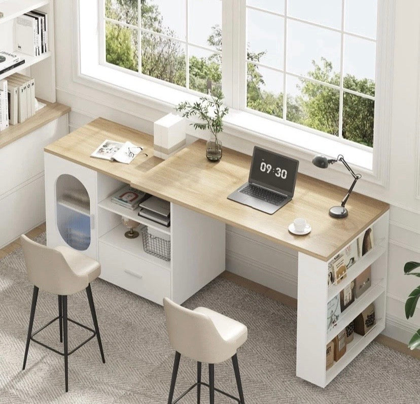 White Oak Kitchen Island Table with Storage Shelves Drawers Breakfast Bar Unit