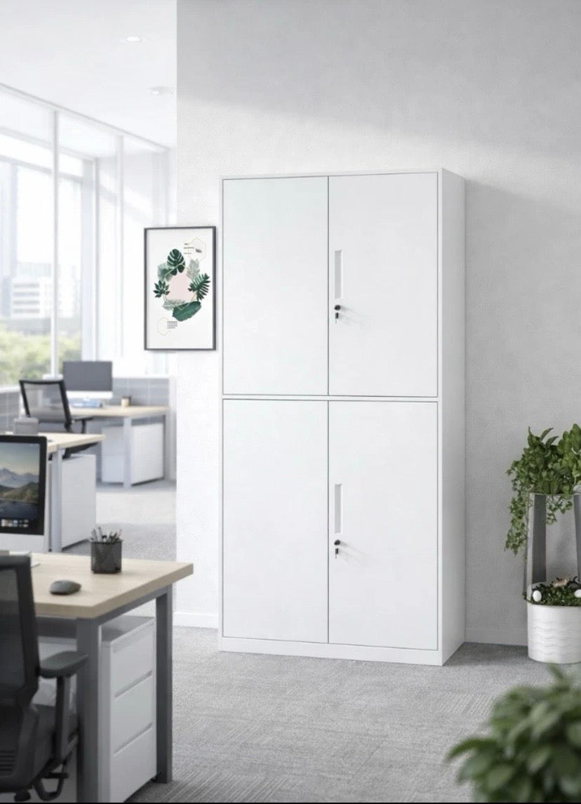 White Metal Storage Cabinet 4 Door Lockable Office Filing Cupboard Unit With Key