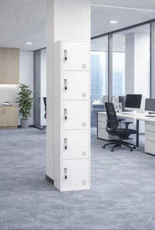 5 Door Steel Locker White Metal Storage Cabinet Staff Gym Office Lockable Keys