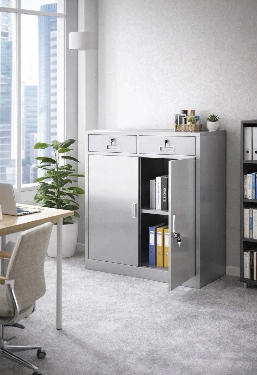 Stainless Steel Office Storage Cabinet Lockable 2 Door 2 Drawer FULLY ASSEMBLED