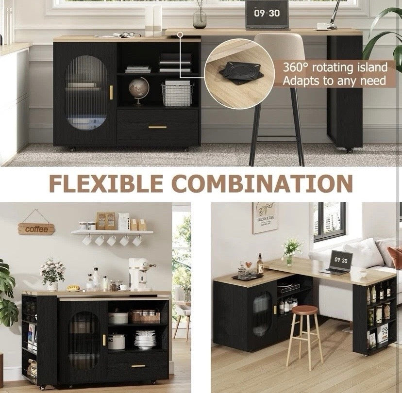 Kitchen Island Table with Storage Shelves Drawers Breakfast Bar Unit Oak Black