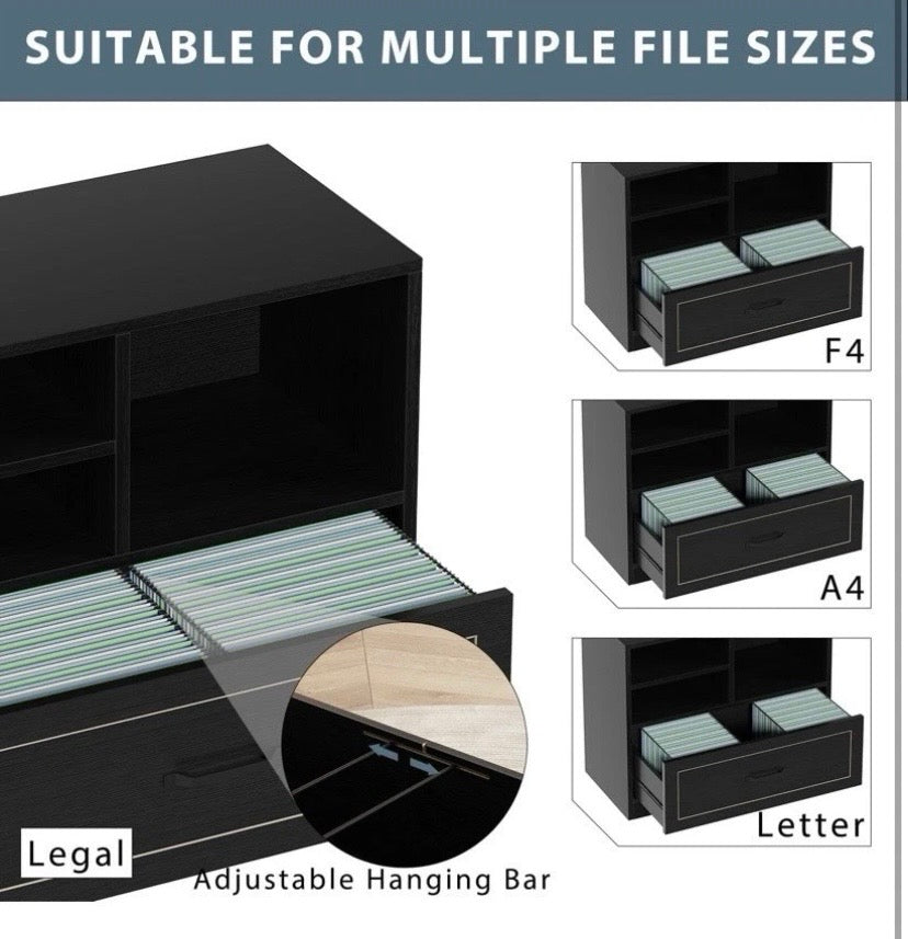 Black Wood Filing Cabinet Printer Stand Hanging File Storage A4 Legal 83cm