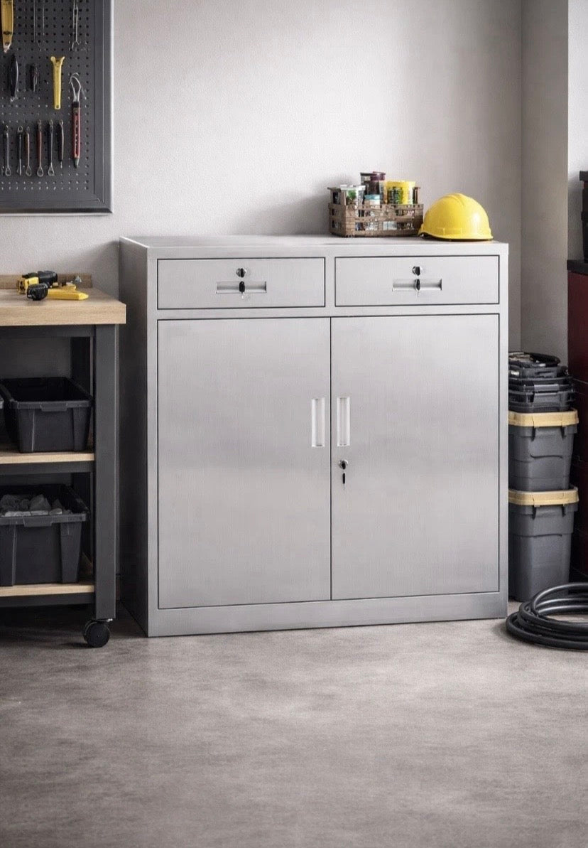 Stainless Steel Office Storage Cabinet Lockable 2 Door 2 Drawer FULLY ASSEMBLED