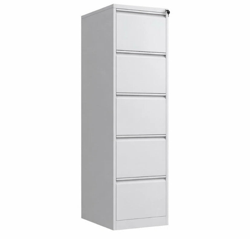 Lockable metal filing cabinet with five stacked drawers in light grey