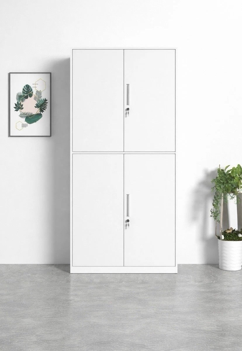 White Metal Storage Cabinet 4 Door Lockable Office Filing Cupboard Unit With Key