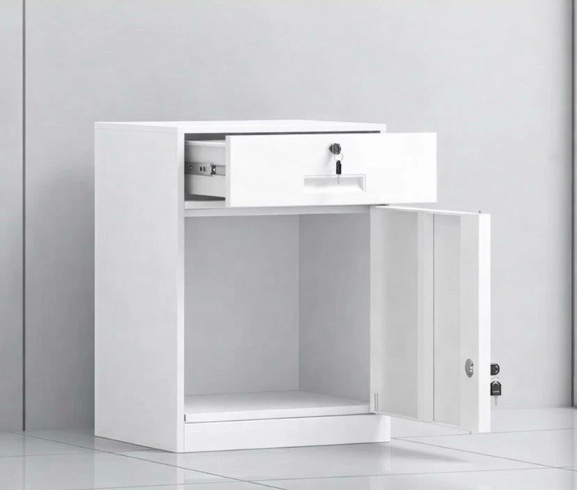 White Metal Filing Cabinet Drawer & Cupboard Lockable Office Storage Unit