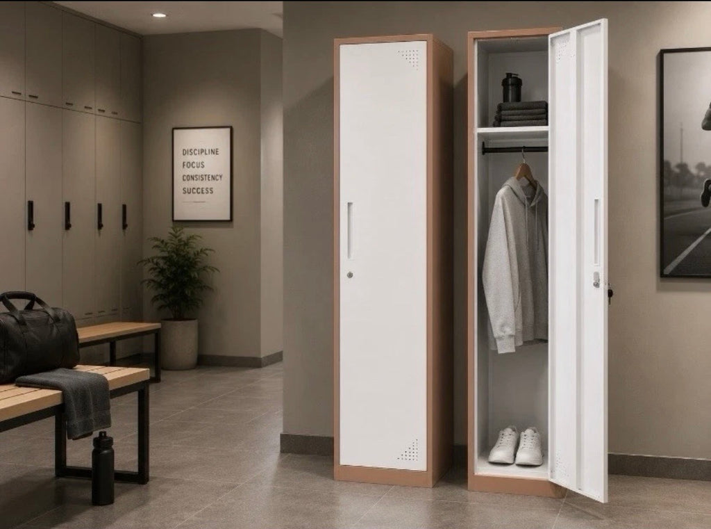 Lockable white steel locker cabinet with open door shelves holding folded items