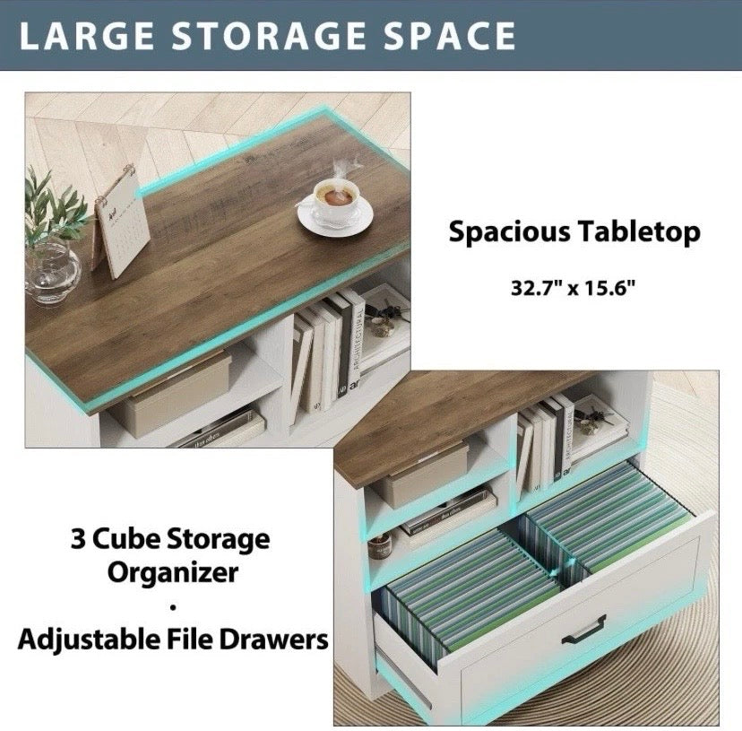 White desk storage cabinet with wood top and adjustable file drawers, green folders