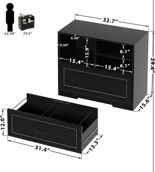 Black filing cabinet printer stand with front drawer and side storage compartments