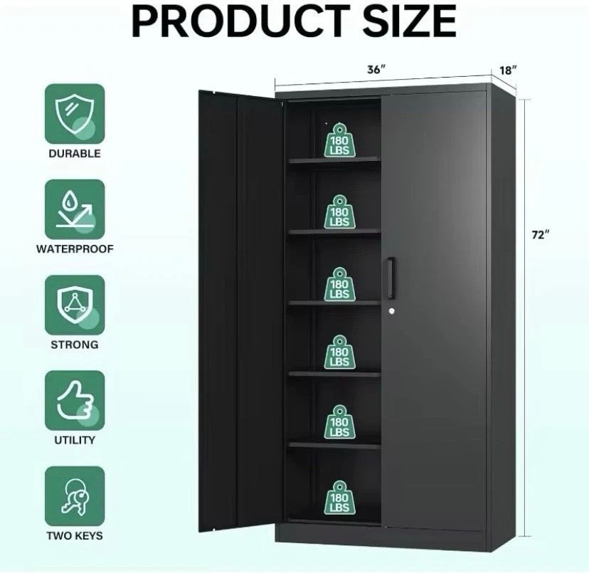 Heavy Duty Garage Storage Cabinet Black Metal Tool Cupboard Shelves Unit