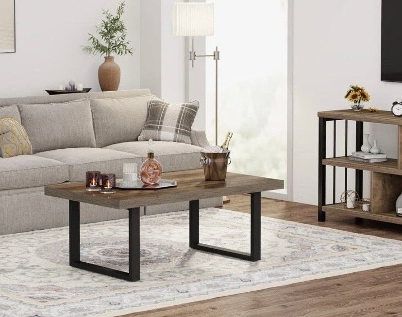Industrial Rustic Coffee Table Wood Effect Top Black Metal Legs 120cm
