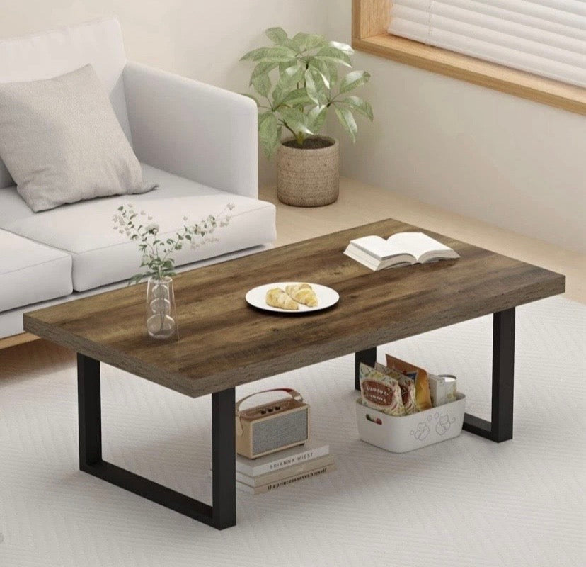 Industrial Rustic Coffee Table Wood Effect Top Black Metal Legs 120cm