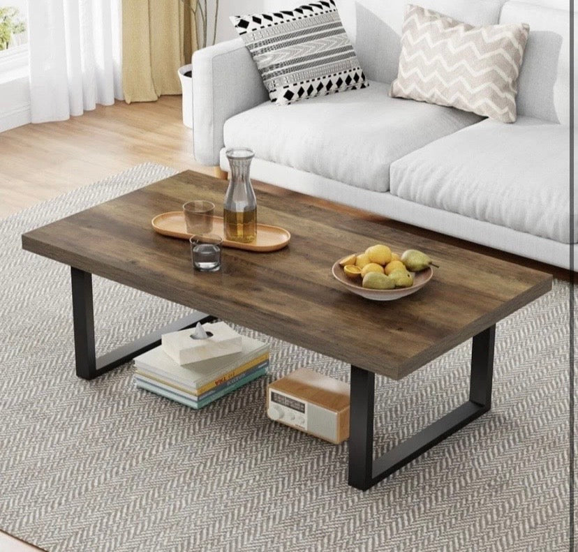 Industrial Rustic Coffee Table Wood Effect Top Black Metal Legs 120cm