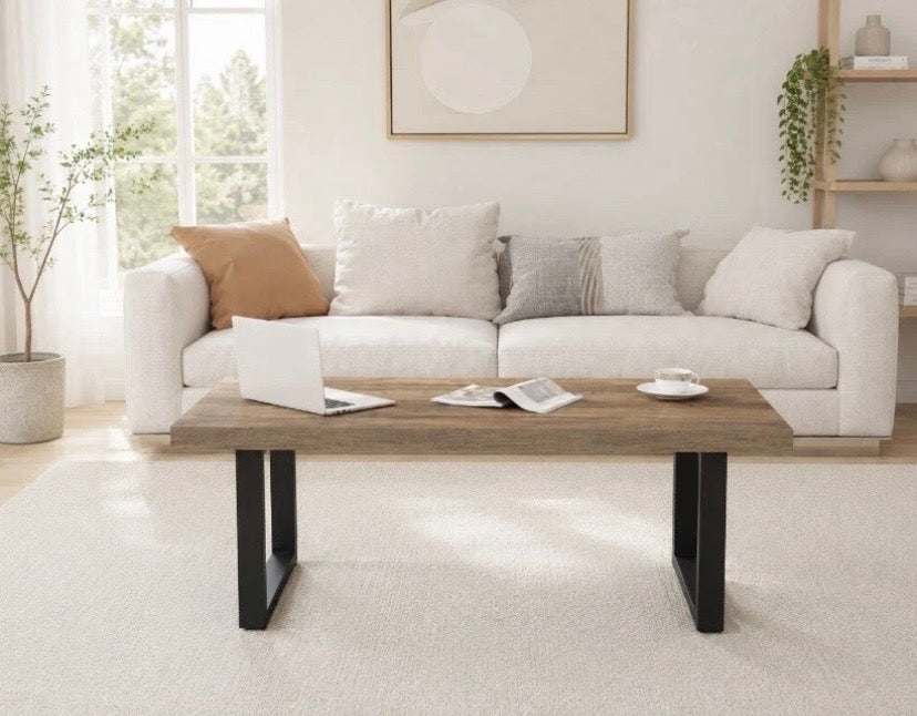 Industrial Rustic Coffee Table Wood Effect Top Black Metal Legs 120cm