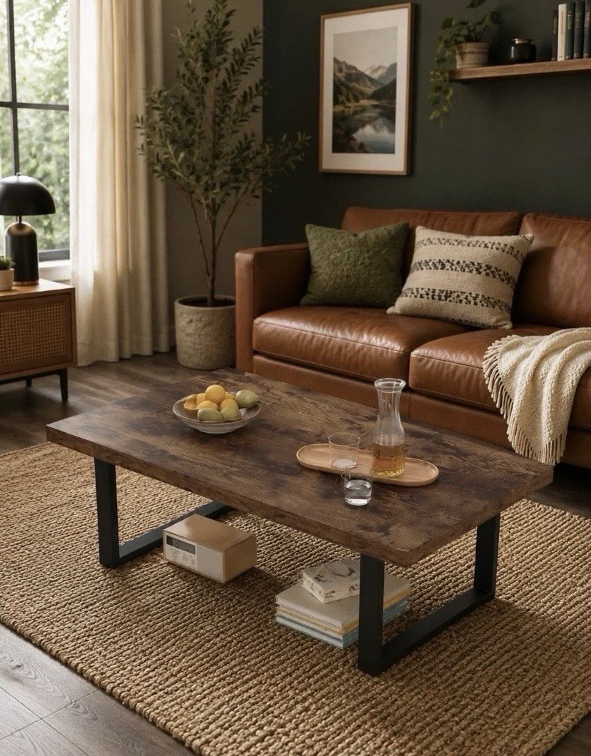 Rustic Industrial Coffee Table Wood Effect Top Metal Frame Living Room 120cm