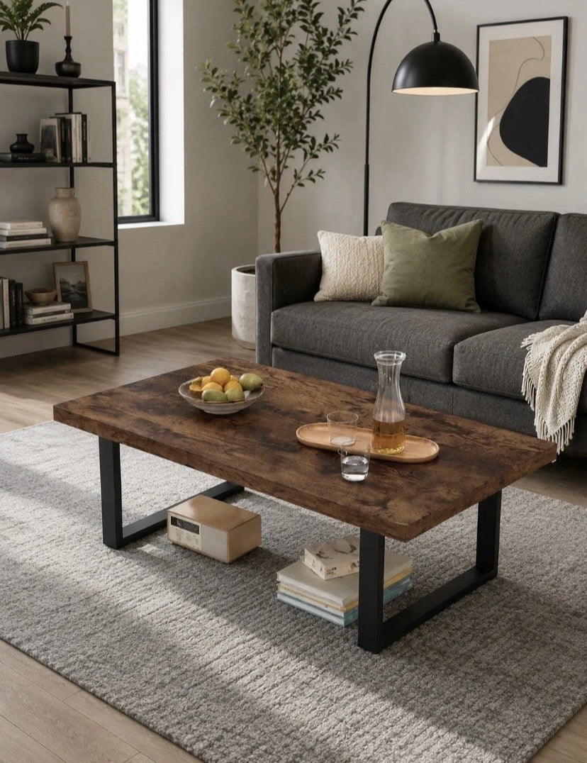 Rustic Industrial Coffee Table Wood Effect Top Metal Frame Living Room 120cm