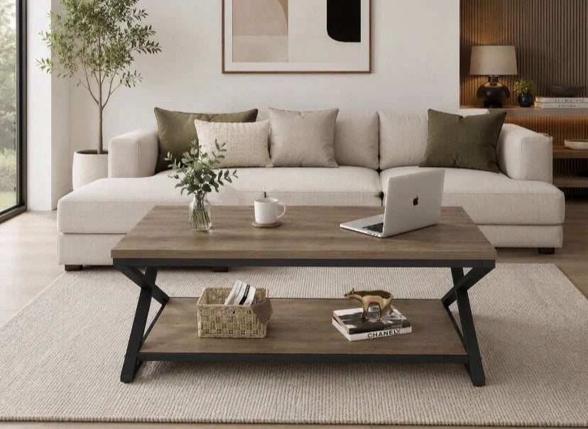 Industrial Coffee Table Oak Effect Wood Metal Frame 2 Tier Storage Shelf